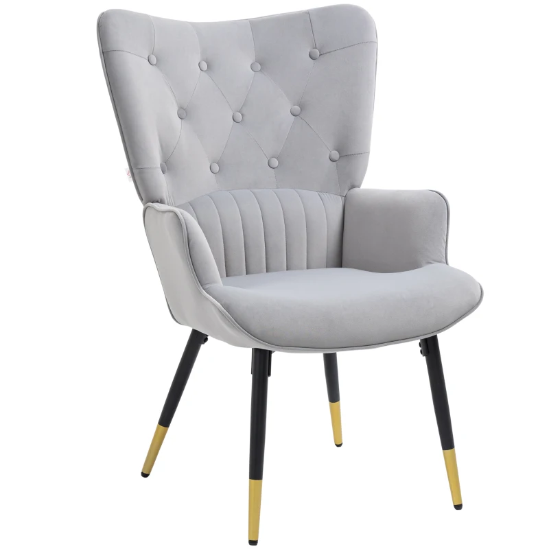 HOMCOM Butaca de Salón Sillón Individual Tapizado en Terciopelo con Respaldo Alto Estilo Moderno 68x72x103 cm Gris Claro
