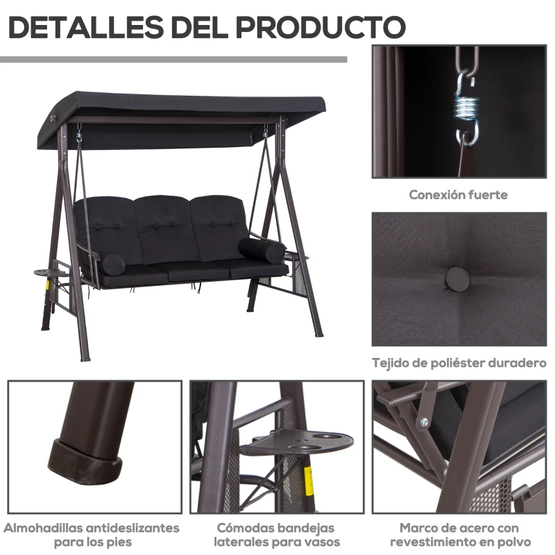 Outsunny Balancín de Jardín Exterior de 3 Plazas con Toldo Curvo 2 Bandejas Laterales y 2 Almohadas de Brazo 206x116x183 cm Negro