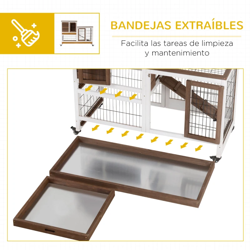 PawHut Conejera de Madera con Ruedas para Interior Jaula de 2 Pisos con Rampa y 2 Bandejas Extraíbles 110x50x88cm Marrón