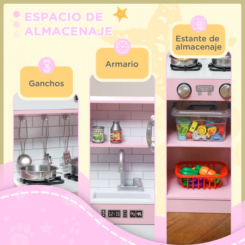 AIYAPLAY Cocina para Niños de +3 Años con Accesorios para Cocinar Pizarra Máquina de Hielo y Teléfono 83,8x26,8x81 cm Rosa(m-8)