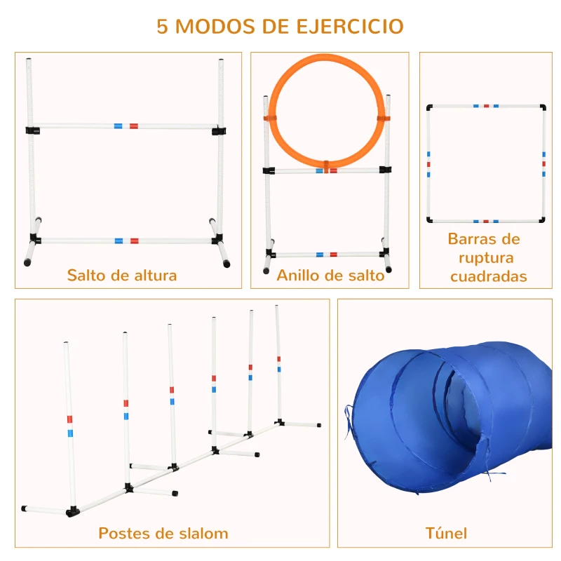 PawHut Set de Entrenamiento de Agilidad para Perros con Ø60x300 cm Túnel Juego de Salto Obstáculos y Bolsa de Transporte Incluida Blanco y Azul