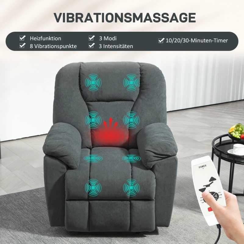 HOMCOM Elektrischer Relaxsessel mit Massage- und Wärme-Funktionen, Polstersessel mit USB-Anschluss, Seitentaschen, Grau(m-4)