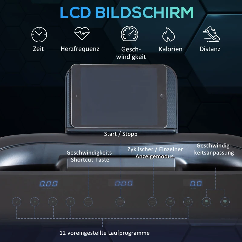 HOMCOM Laufband Klappbar elektrisch 550 W 1-12 km/h 2HP LCD-Display Handyhalterung geeignet für Home Gym Indoor Fitness leicht zu bewegen und zu lagern Schwarz 153 x 77 x 124 cm