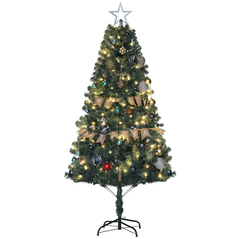 HOMCOM 6ft Pre-Lit Xmas Tree with Decorations, Green, Blue and Warm White