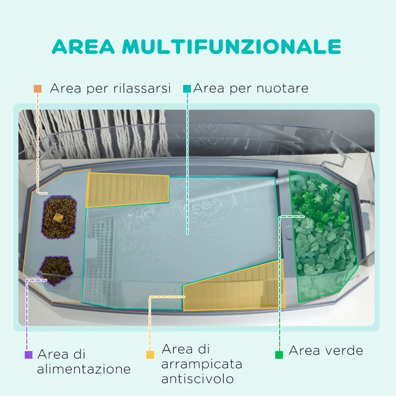 PawHut Vasca per Tartarughe Multifunzione con Tubo e Pompa d'acqua, 62x31x 23cm, Bianca