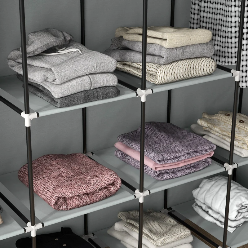 HOMCOM Kleiderschrank Stoffschrank, Türen, 2 Kleiderstangen, 10 Fächer, Grau(m-8)