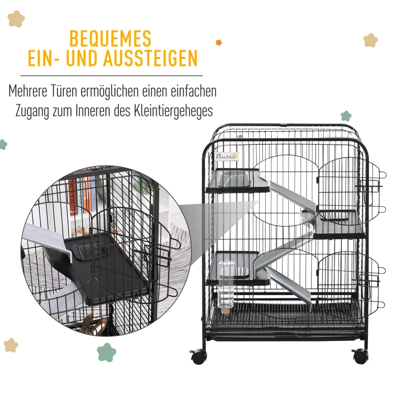 PawHut Kleintierkäfig rollbarer Nagerkäfig 3-stöckiger Tierkäfig mit Hängematten 2 Türen Metall 64 x 43,5 x 93 cm
