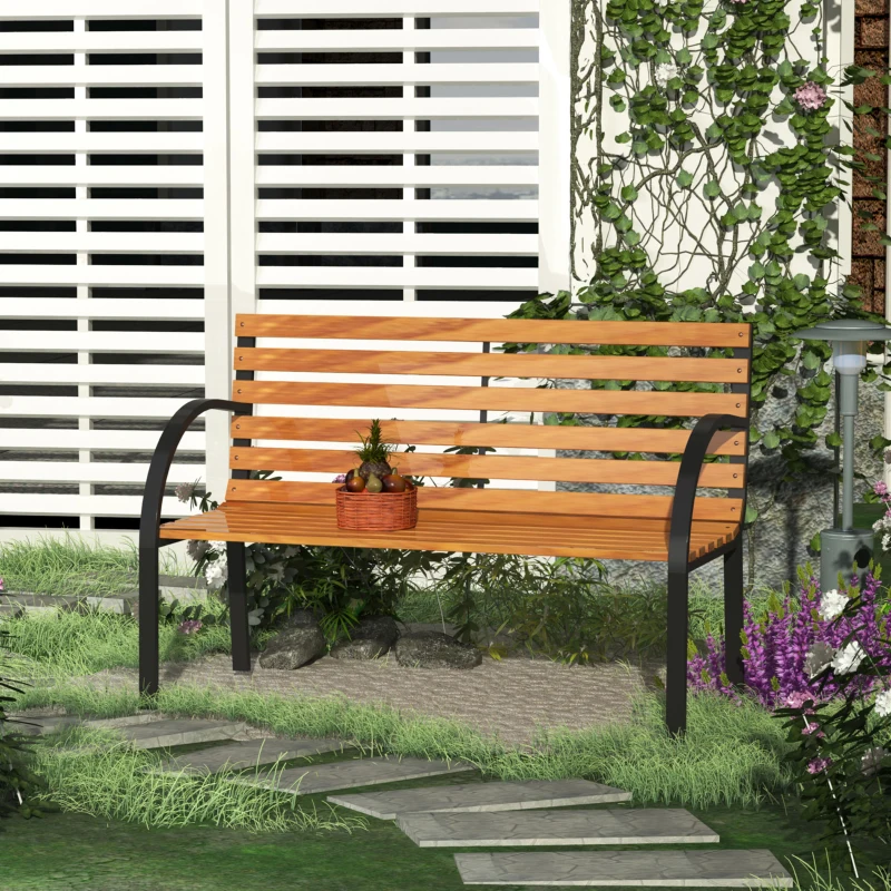 Outsunny Banc de Jardin 2 Places Style Rural Chic Assise Dossier à Lattes Bois Naturel lasuré châssis Acier époxy Noir