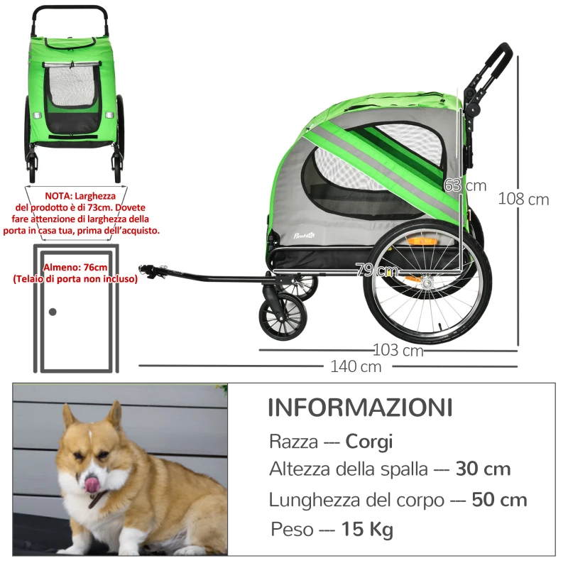 PawHut Rimorchio Bici e Passeggino per Cani 2 in 1 in Acciaio e Tessuto Oxford con Catarifrangenti, Verde