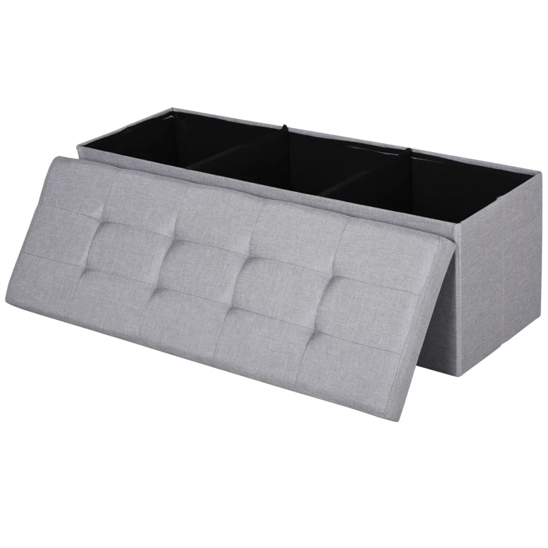 HOMCOM Sitzbank, Polsterbank mit Stauraum, Truhenbank mit Trenngitter, Faltbar, Sackleinen, Schaumstoff, Grau, 110 x 38 x 38 cm