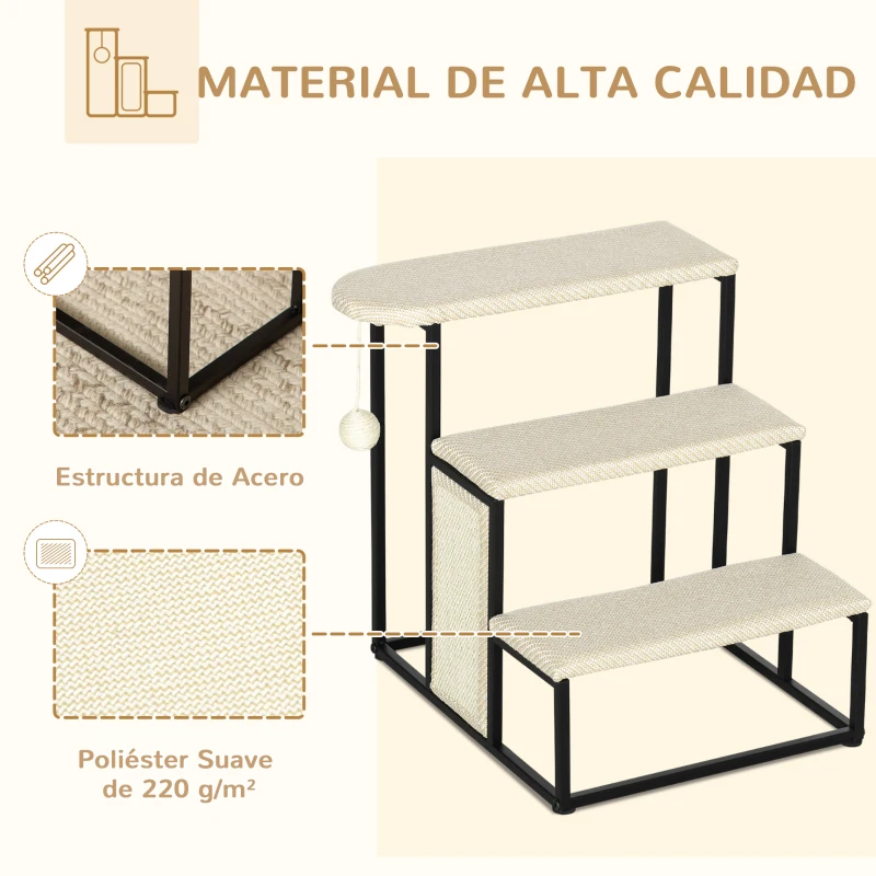 PawHut Escalera para Mascotas con 3 Escalones Bola Colgante Tablero de Rascar y Marco de Acero 47x45x47 cm Crema y Negro