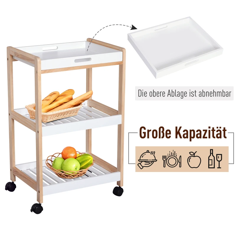 HOMCOM Küchenwagen Rollwagen mit 3 Ebenen Servierwagen mit abnehmbarem Tablett, Küchenregal auf Rollen, Küchenrollwagen für Küche Bad Büro Wohnzimmer Weiß + Natur