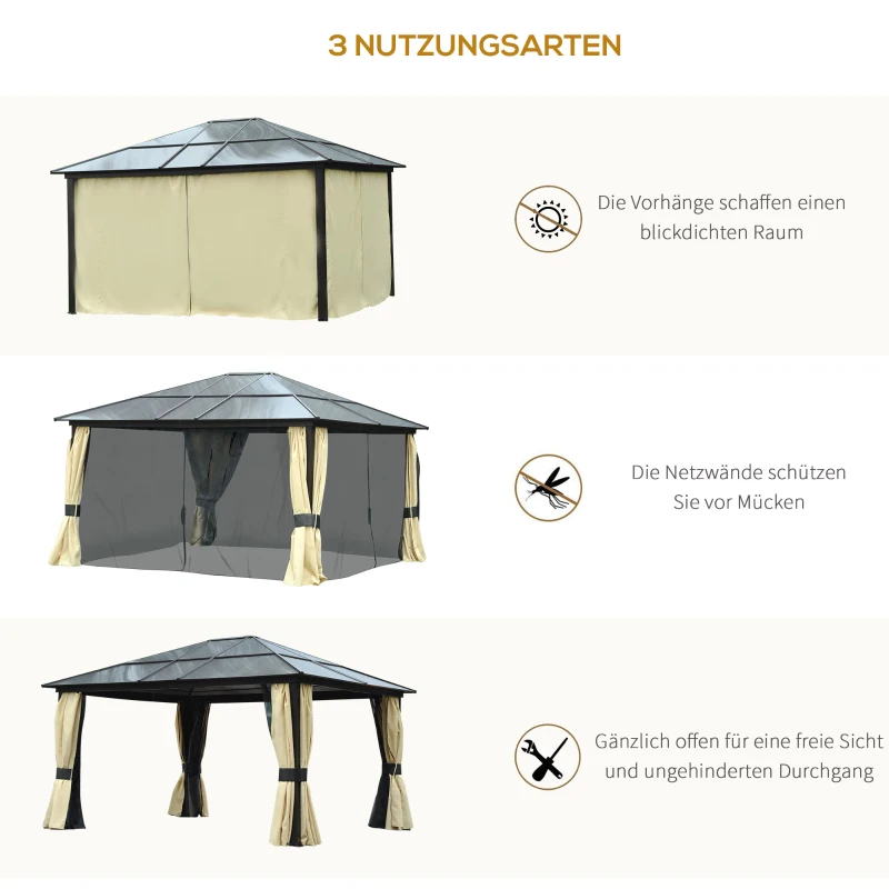 Outsunny Hardtop-Gartenpavillon 4,2 x 3,6 m, Vorhänge mit Fliegennetz, Alugestell, Braun+Creme