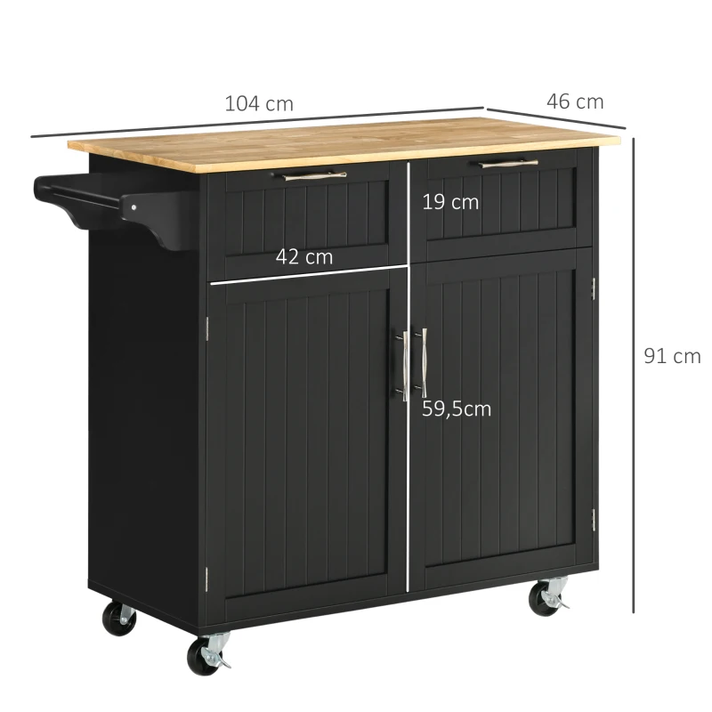 HOMCOM Mueble Auxiliar de Cocina con Ruedas 2 Cajones 2 Puertas Estante Ajustable y Toallero 104x46x91 cm Negro