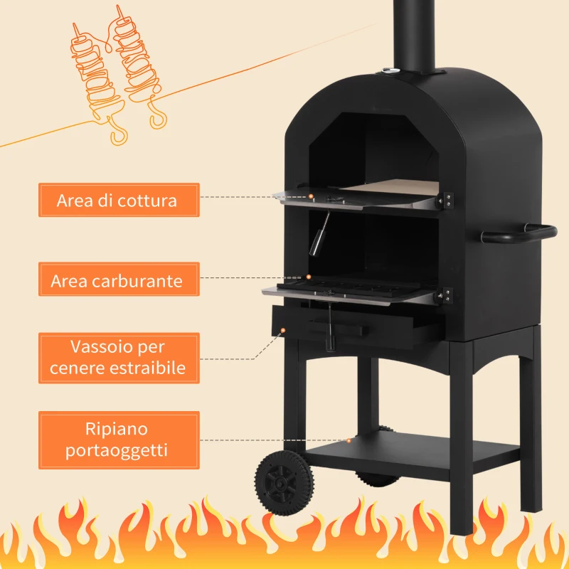 Outsunny Forno per Pizza e Barbecue a Carbone Portatile in Acciaio con Camino e Ruote, 63x54x161 cm, Nero