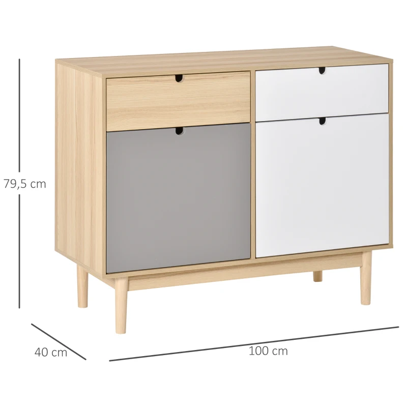 HOMCOM Buffet de Cuisine Commode de Chambre scandinave 2 placards tiroirs coulissants en Bois Multicolore Blanc Gris Clair