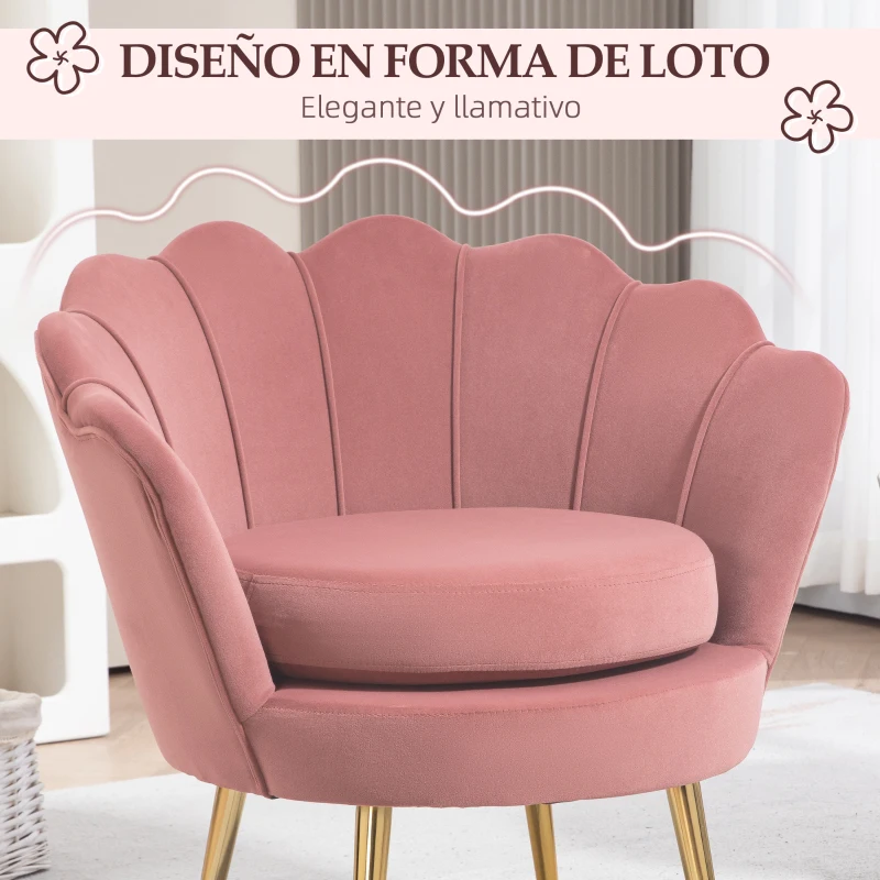 HOMCOM Butaca Tapizada en Terciopelo Butaca de Dormitorio con Respaldo en Forma de Concha y Patas Doradas 76x67x74 cm Rosa