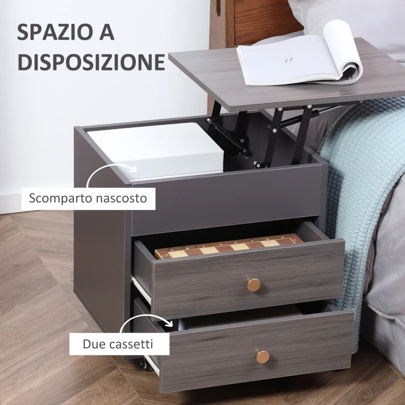 HOMCOM Comodino Moderno in Legno con Piano Sollevabile, 2 Cassetti e Ruote, 50x40x50cm, Grigio