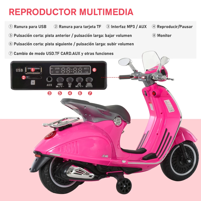 HOMCOM Moto de Batería Autorizada de VESPA con Faros Música 2 Ruedas Auxiliares 108x49x75 cm Rosa(m-6)