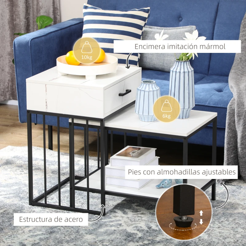 HOMCOM Juego de 2 Mesas de Centro Modernas con Encimera de Mármol Estante y Cajón para Salón 45x42x63,5 cm y 40x60x45 cm Blanco