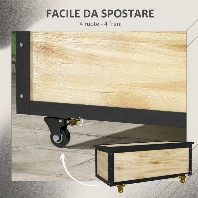 Outsunny Panca Contenitore da 121L con 4 Rotelle e Maniglie in Legno e Acciaio, 100x50x43cm, Colore Legno