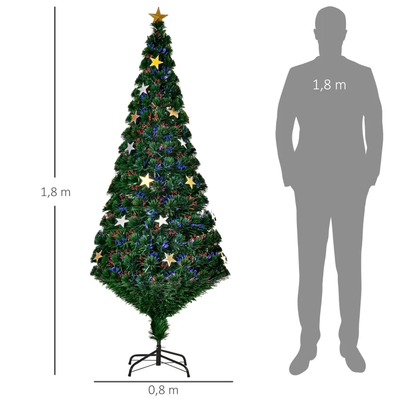 HOMCOM Árbol de Navidad Artificial Árboles de Abeto 180cm con Soporte Decoraciones Navideñas Copos de Estrella Fibra Óptica Brillante LED Multicolor Ignífugo