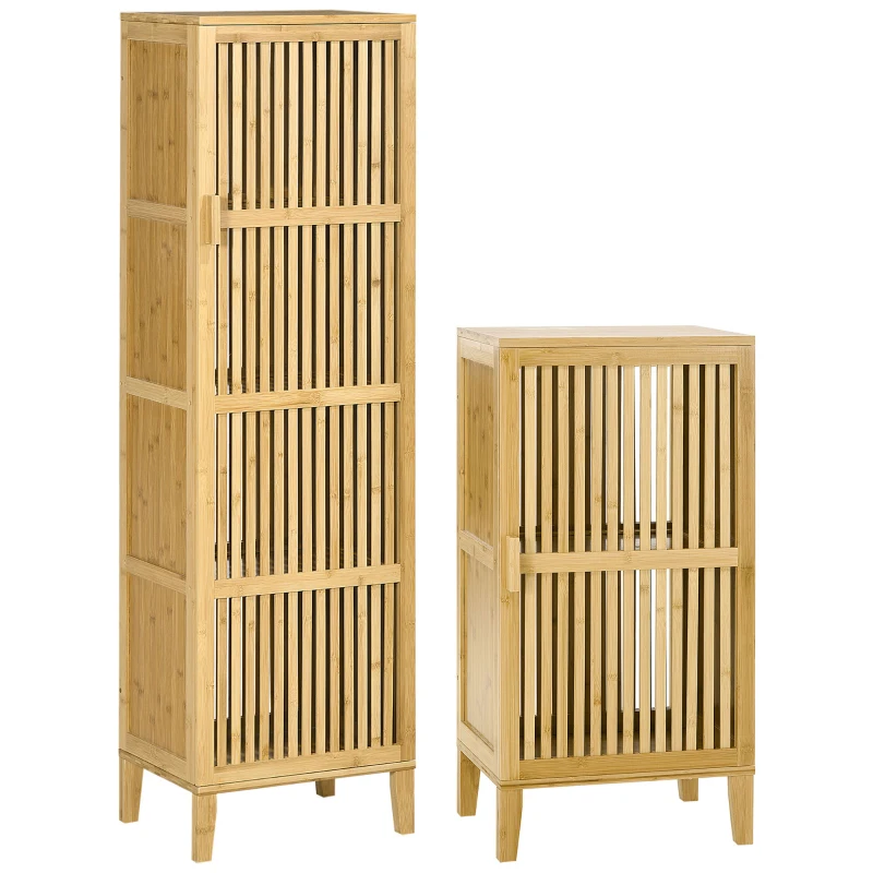 HOMCOM Meuble de rangement en bambou avec étagères et porte design à lamelles pour salle de bain chambre salon bois naturel