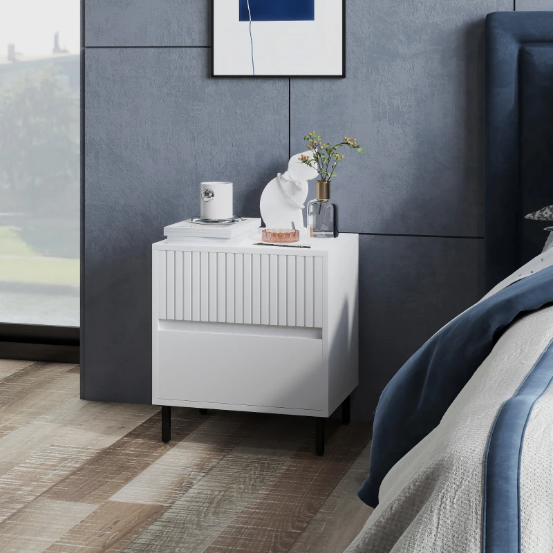 HOMCOM Simple Line Indented Two-Drawer Bedside Table - White
