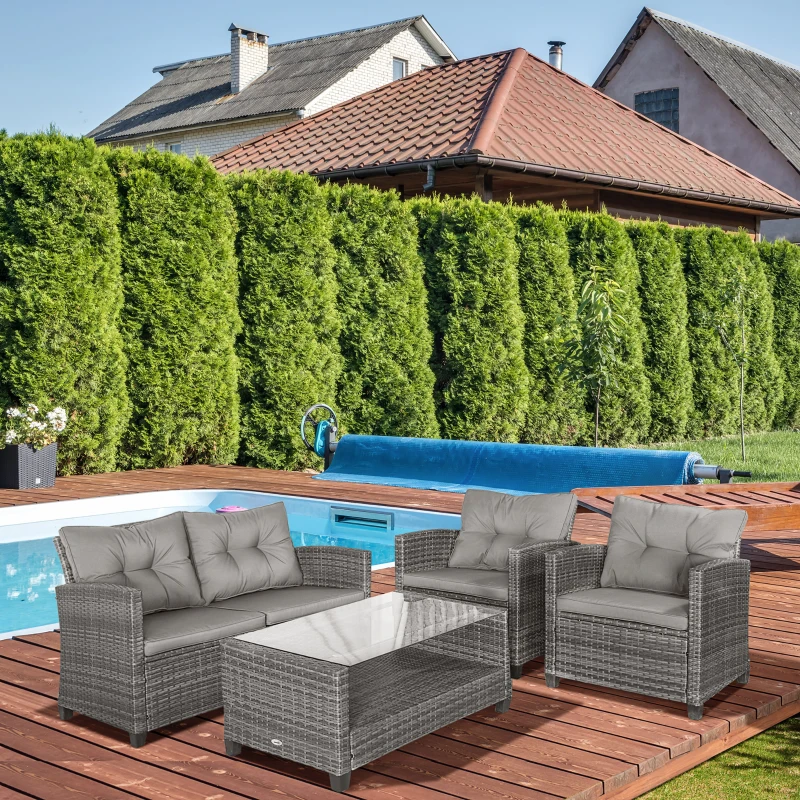 Outsunny Gartenmöbel-Set, 4-tlg., 3 Sofas, Beistelltisch, Sitzkissen, Alurahmen, PE-Rattan, Grau