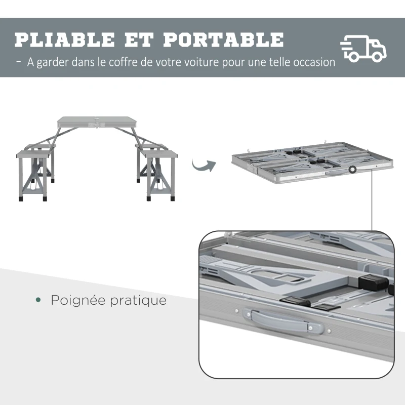 Outsunny Ensemble table et chaise de camping pliant forme valise pique-nique, aluminium, dim. 85,5L x 67,5l x 67H cm