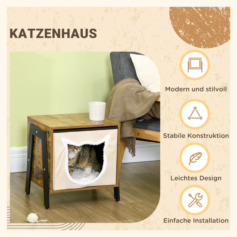PawHut Katzenhöhle im Industriedesign inkl. Kissen, Katzenhaus, waschbares Kissen, Braun + Weiß
