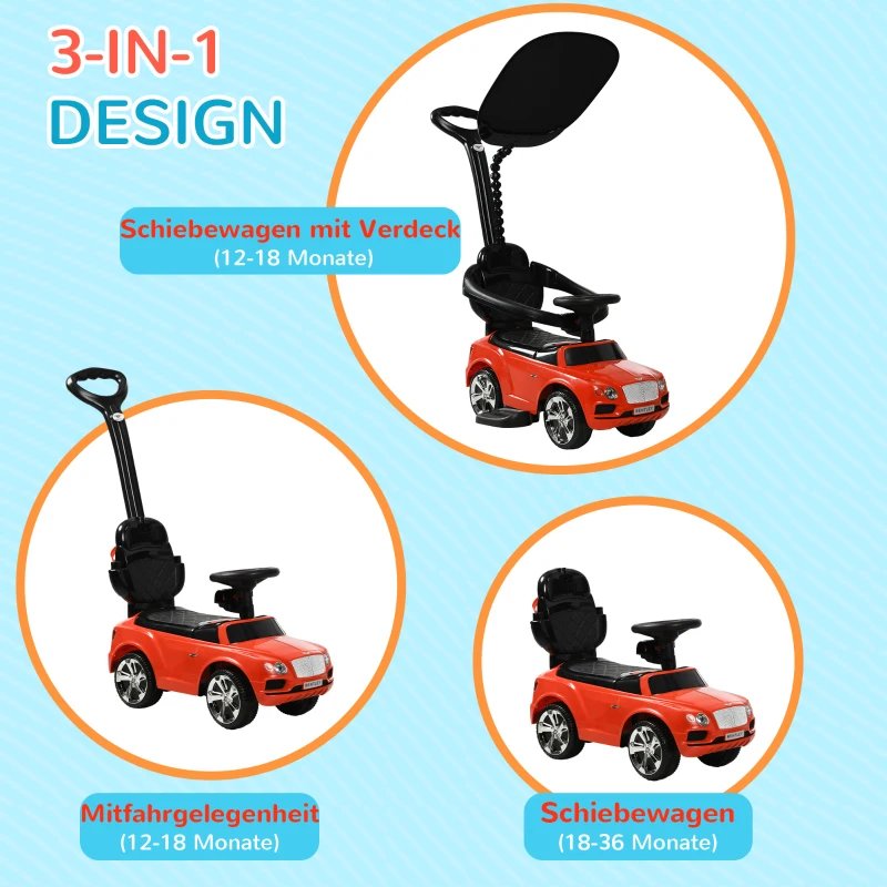 AIYAPLAY 3-in-1 Rutschauto, abnehmbare Schiebestange, Hupe, Musik, Stauraum, für 1-3 Jahre, Rot