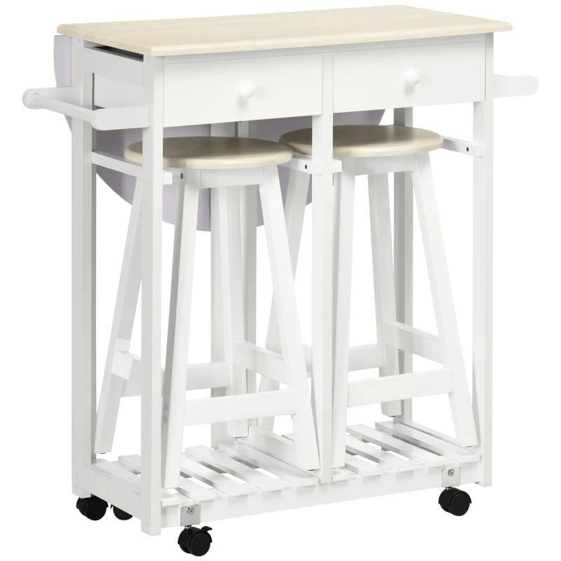 HOMCOM Carrito de Cocina de Madera con 2 Taburetes Mesa con Ruedas Ala Abatible Cajones y Estante 87x74x86 cm Blanco