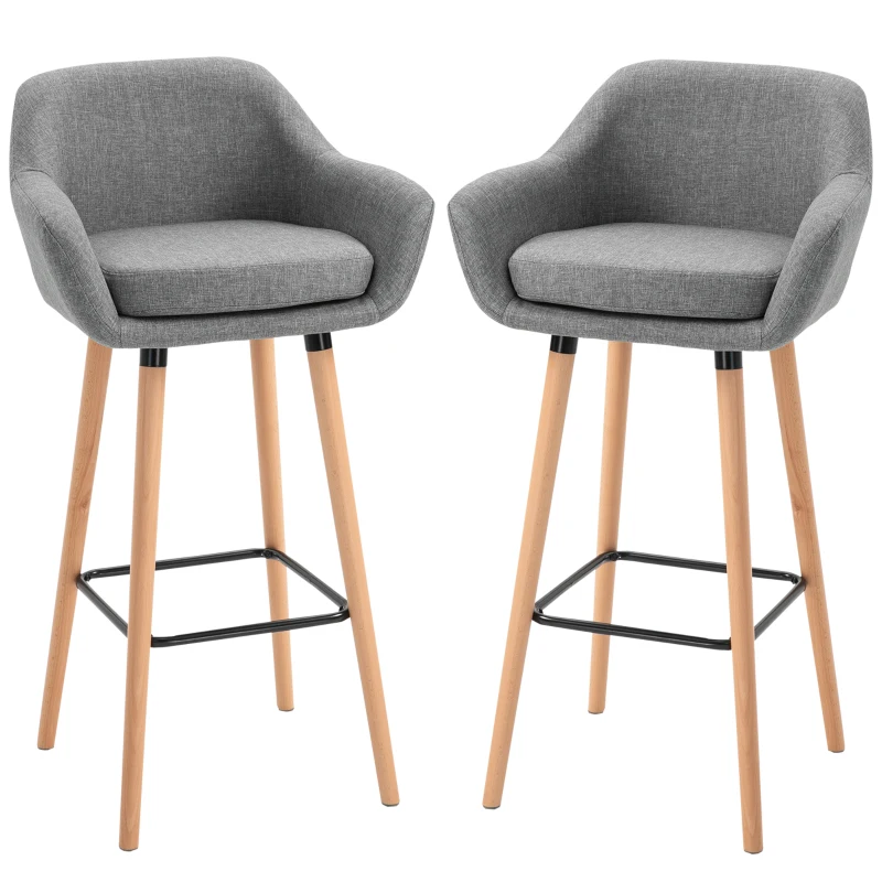 HOMCOM Tabourets de Bar Design scandinave - Lot de 2 tabourets de Bar Grand Confort avec Repose-Pieds et accoudoirs - Bois massif Lin Gris foncé