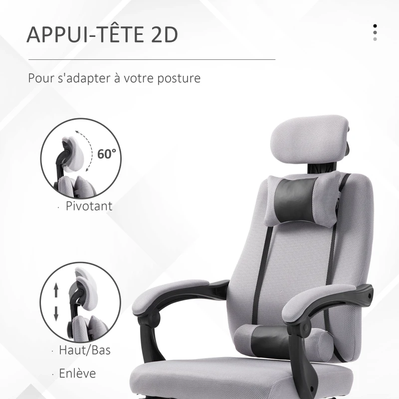 HOMCOM Fauteuil de bureau manager grand confort repose-pied tétière + coussin lombaires intégrés dossier inclinable revêtement tissu micro perforé gris noir
