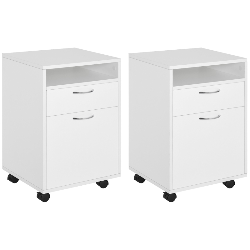 HOMCOM Lot de 2 caissons de bureau rangement de bureau sur roulettes tiroir placard niche panneaux particules blanc