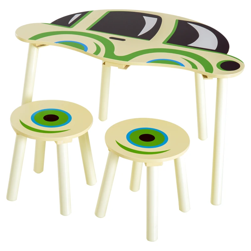 HOMCOM Ensemble table et chaises enfants design voiture MDF bois de pin beige vert