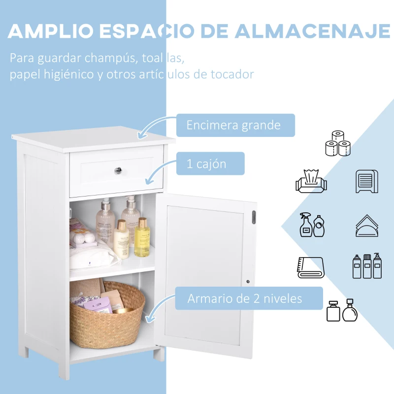 kleankin Armario de Baño con 1 Cajón 1 Puerta y Estante Ajustable Interior Mueble Auxiliar de Almacenaje 43x34x77 cm Blanco