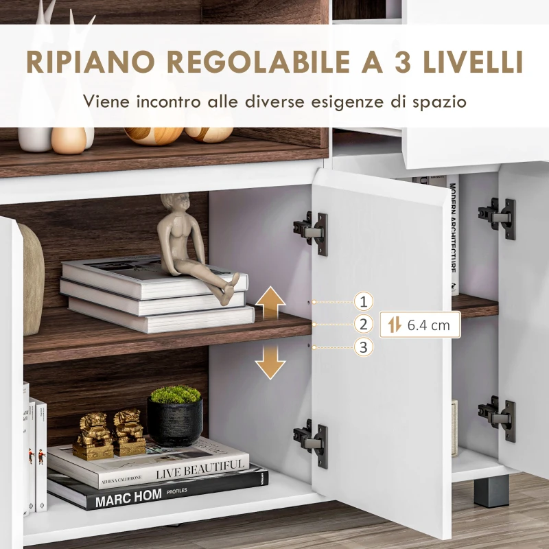 HOMCOM Credenza Moderna da Cucina in Legno con Armadietti, Cassetto e Vano Aperto, 105x39x83cm, Bianco