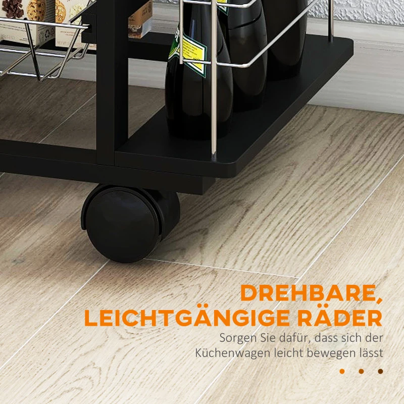 HOMCOM Servierwagen auf Rollen, Küchenwagen mit Arbeitsplatte und Gewürzregal, Rollwagen, Küchentrolley, Kieferholz, Schwarz, 57 x 37 x 83 cm