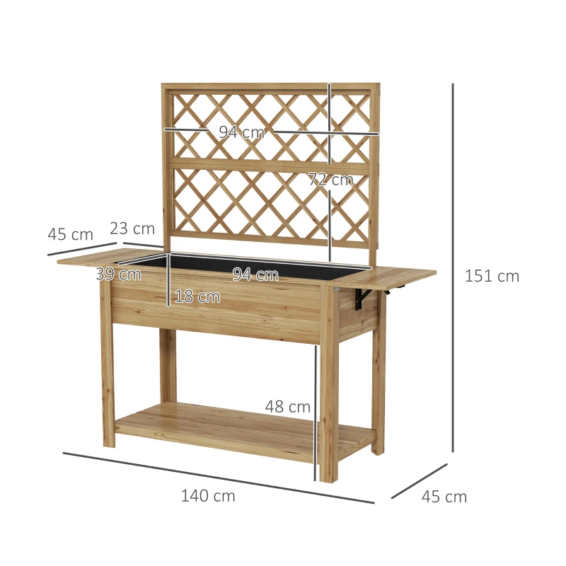 Outsunny Jardinière rectangulaire sur pieds avec treillis 2 tablettes latérales rabattables 1 étagère inférieure bois