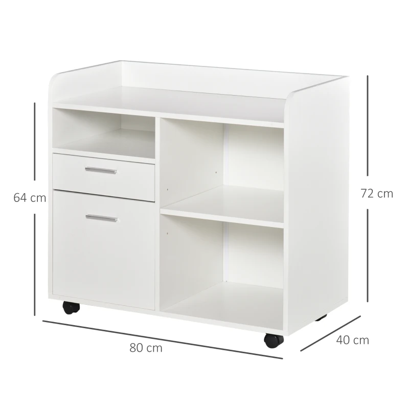 Vinsetto Armario para Impresora con 3 Compartimentos 2 Cajones para Archivos Estante Ajustable Ruedas 80x40x72 cm Blanco