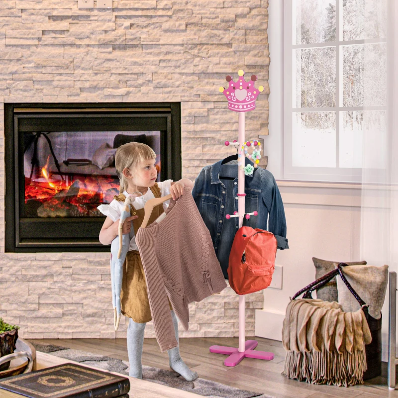 HOMCOM Appendiabiti da Terra per Cameretta Bambini in Legno Rosa con 8 Ganci e Design a Forma di Corona 35 x 35 x 142cm
