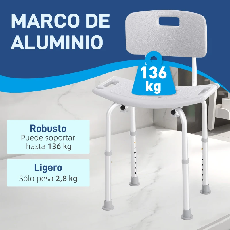 HOMCOM Taburete de Ducha Silla para Ducha con Respaldo Antideslizante Altura Regulable en 8 Niveles Carga 136 kg