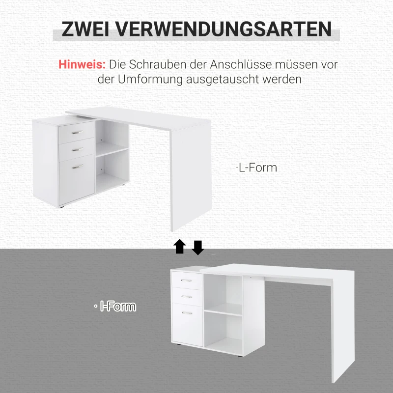 HOMCOM Eckschreibtisch Esstisch Computertisch Bürotisch Winkelschreibtisch Regal L-Form 117 x 83,5 x 76 cm, I-Form 162 x 50 x 76 cm, Weiß, MDF+Metall