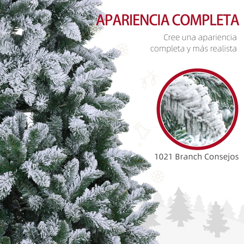 HOMCOM Árbol de Navidad Artificial Nevado 210 cm con 1021 Ramas y Soporte de Metal Árbol Navideño Nevado para Interior Verde