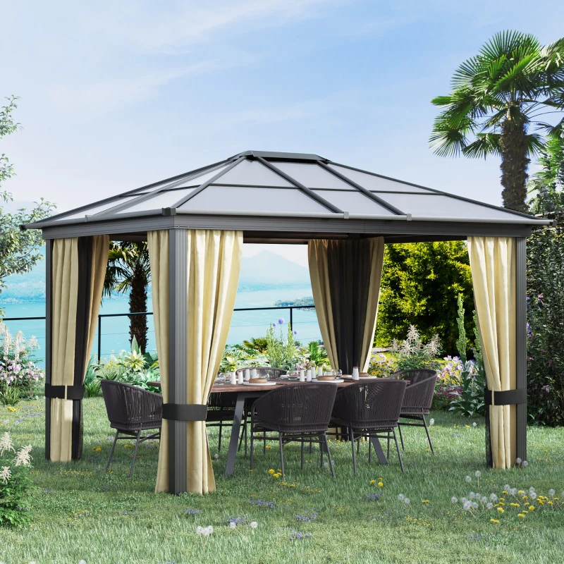Outsunny 3 x 3.6(m) Hardtop Gazebo Canopy with Polycarbonate Roof and Aluminium Frame, Garden Pavilion with Mosquito Netting and Curtains, Brown