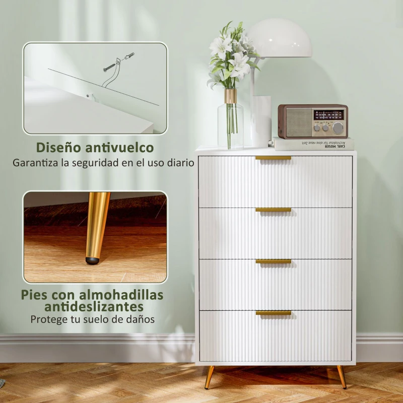 HOMCOM Cómoda de Dormitorio Moderno con 4 Cajones Frentes con Diseño Ondulado Anti-vuelco 60x40x90 cm Blanco(m-6)