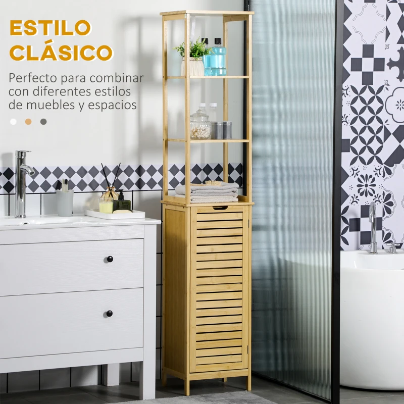 kleankin Estantería de Baño de Bambú Armario Alto para Baño con 3 Estantes y 1 Puerta Mueble Columna de Almacenaje 34x30x173 cm Natural