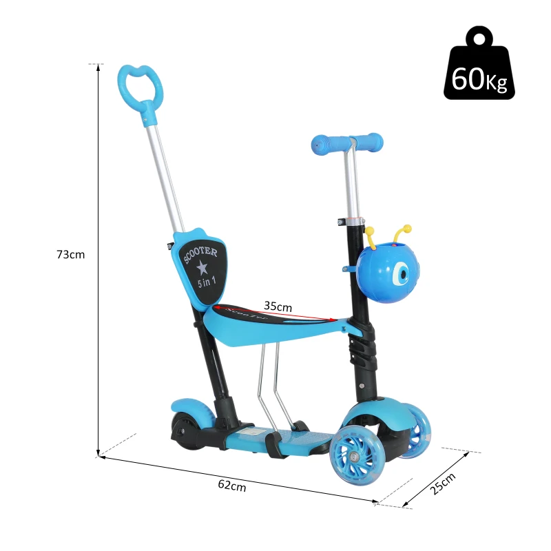 HOMCOM Adjustable Kids Toddler Scooter, with Removable Seat, Back Handle, Blue